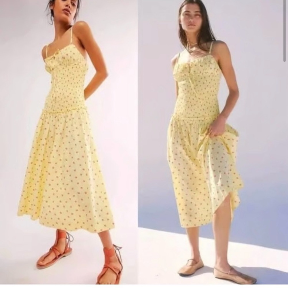 Free People Yellow Midi Dress With Strawberries Print Size Large